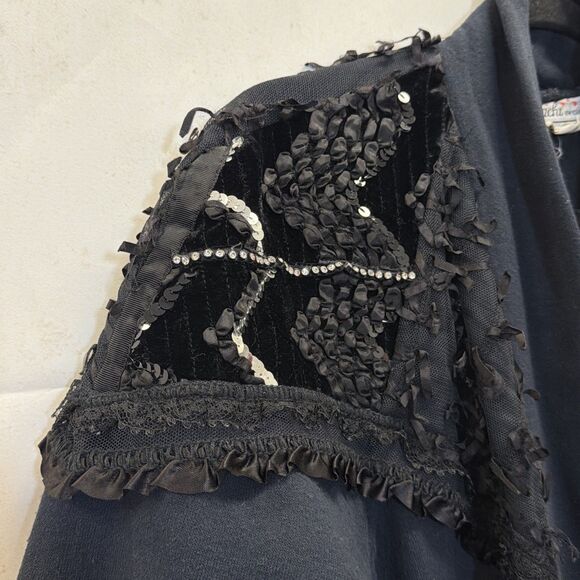 Vintage Sachi New York Black Long Cardigan Coat Beaded Lace Embellished - Picture 6 of 14